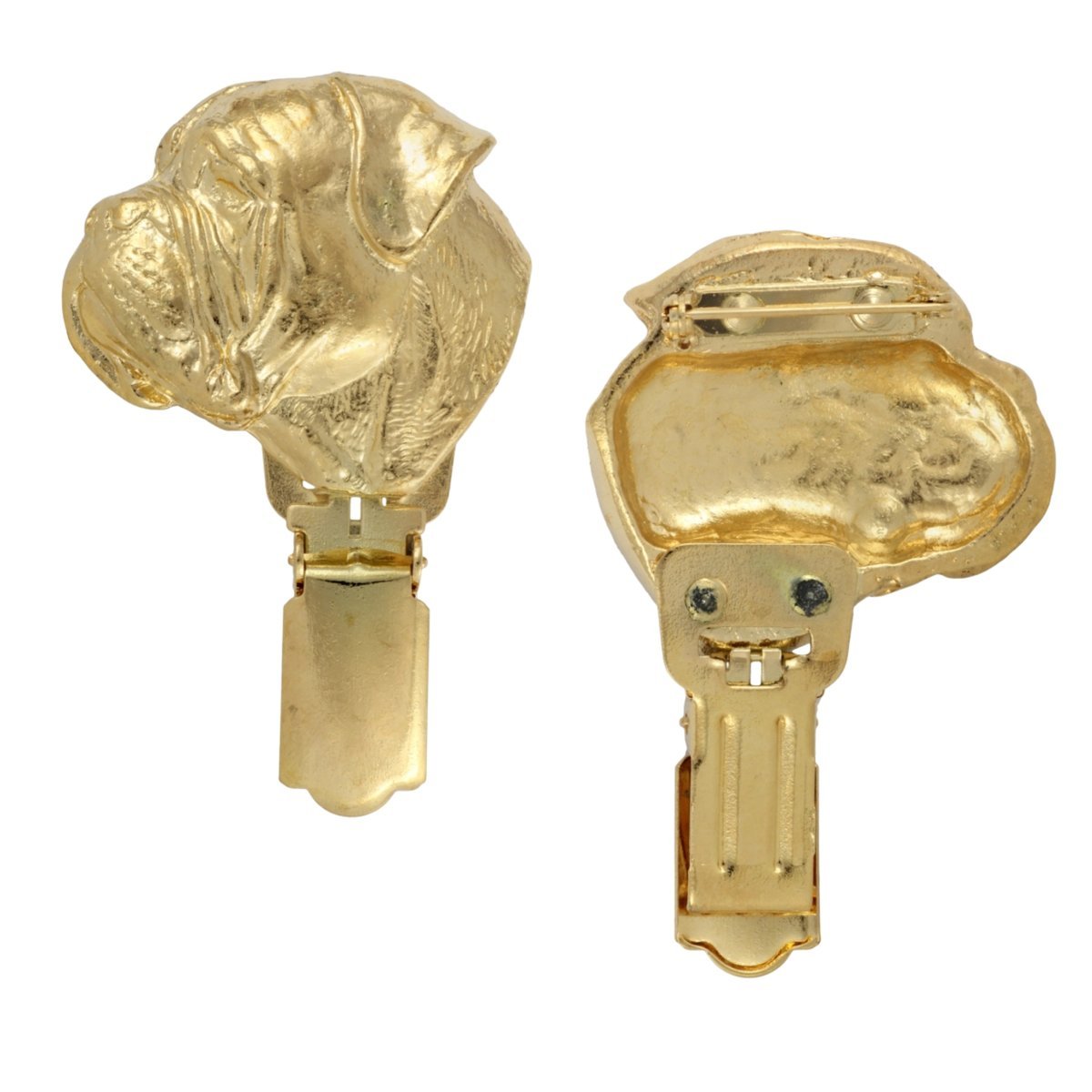 Bullmastiff, Bulmastif - broszka z klipsem, pozłacany uchwyt na numer startowy, elegancka przypinka na wystawę psów marki Art-Dog