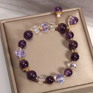 Inne - TEMU Elegancka Bransoletka z Wisiorkiem w Kształcie z Ametystu i Naturalnymi Kryształowymi Koralikami dla Kobiet - Szykowna, Ręcznie Robiona - miniaturka - grafika 1