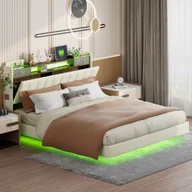 Pościel - Łóżko tapicerowane Flieks 160x200cm z USB, podwójne łóżko młodzieżowe z LED, drewniane łóżko do przechowywania z zagłówkiem na zawiasach, klasyczne łóżko, pościel, beżowe - miniaturka - grafika 1