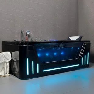 Czarna wanna z hydromasażem Aquaholm PREMIUM LINE A9003 170cm x 90cm x 58cm BLUETOOTH, PODGRZEWACZ WODY, WODOSPAD, USB, PILOT - Wanny z hydromasażem - miniaturka - grafika 1