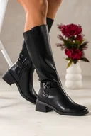 Kozaki damskie - Czarne kozaki damskie Sergio Leone niski obcas klocek na cholewce pasek ze stalową ozdobą PA74173 - miniaturka - grafika 1