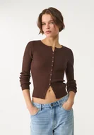 Swetry damskie - Stradivarius Prążkowany kardigan z guzikami Brązowy XL - miniaturka - grafika 1