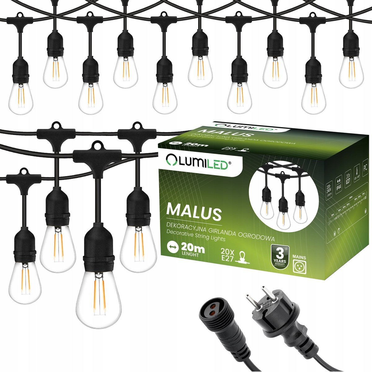 Lumiled Girlanda Ogrodowa Zewnętrzna Łańcuch Świetlny 20m 20x E27 Żarówki 2W 3000K MALUS
