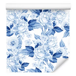 Tapeta Flizelinowa Niebieskie RÓŻE Kwiaty Liście 0,53m x 10m - Tapety - miniaturka - grafika 1