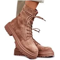 Botki damskie - S.Barski Damskie Zamszowe Botki Wiązane Camel Afra brązowe - miniaturka - grafika 1