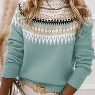 Swetry damskie - TEMU Sweter damski w kolorze miętowej zieleni - Elegancki turkusowy sweter okrągłym dekolcie, długim rękawem i biały kołnierzykiem oraz czarnym - miniaturka - grafika 1