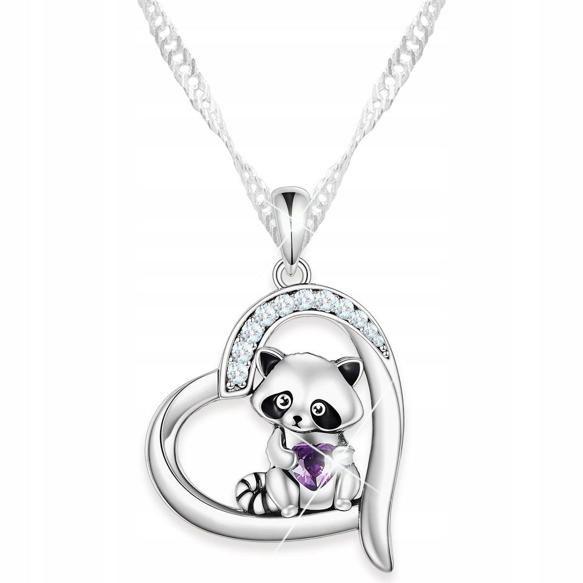 Naszyjnik Srebrny Szop Pracz Serce Kryształ Fioletowy Zwierzak SREBRO 925