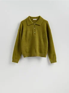 Reserved - Sweter z kołnierzykiem - oliwkowy - Swetry damskie - miniaturka - grafika 1