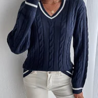 Swetry damskie - TEMU Elegancki sweter z dekoltem w kształcie litery V i prążkowanym wykończeniem, zapinany na guziki, z opadającymi ramionami - detale w kształcie - miniaturka - grafika 1