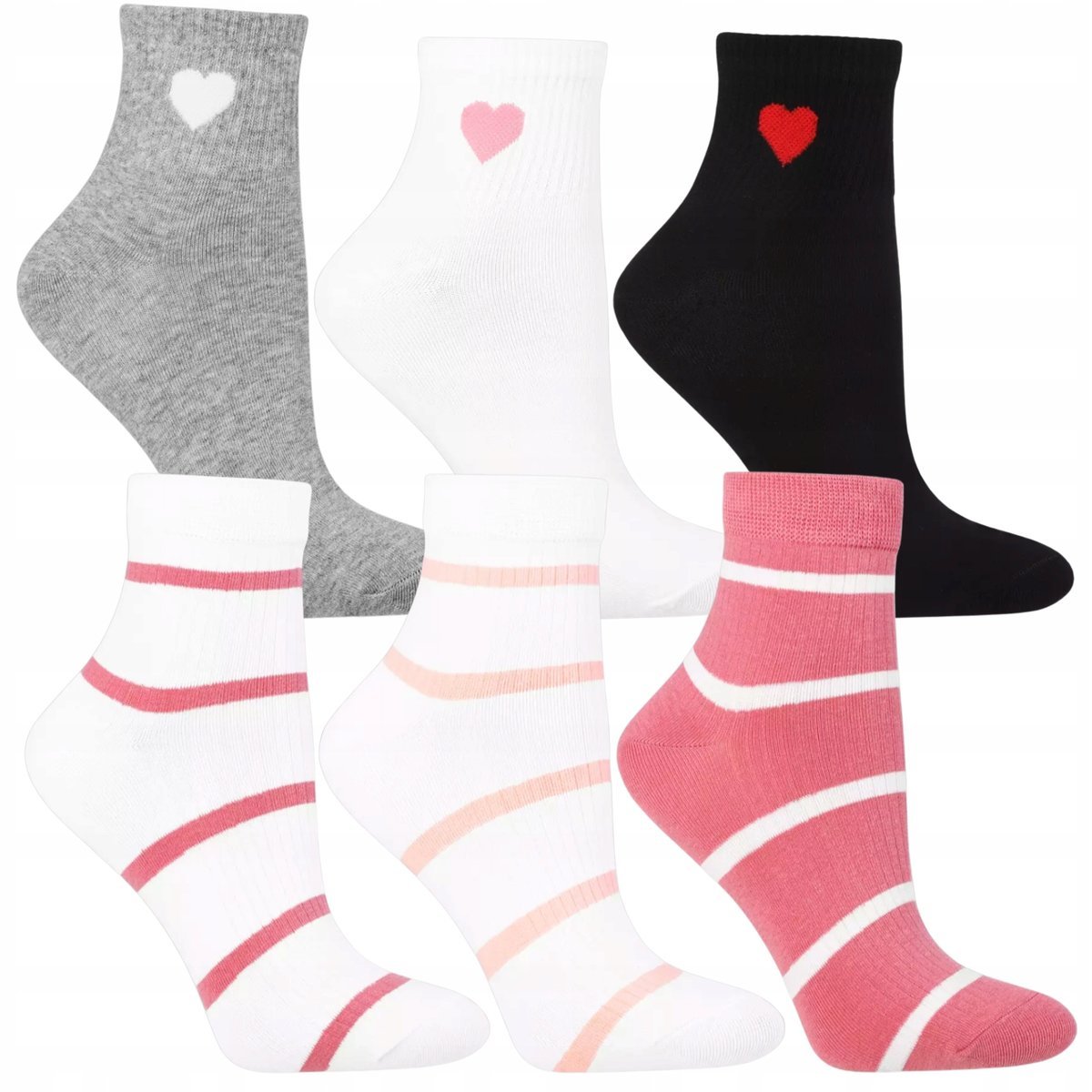 6X SKARPETKI DAMSKIE KRÓTKIE 3/4 BAWEŁNA SKARPETY SERCA PASKI MORAJ 35-38