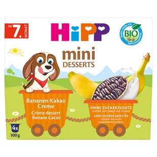 HiPP Mini Deser Bio, krem z bananami i kakao, po 7 miesiącu, 4 x 100 g - Desery dla dzieci - miniaturka - grafika 1