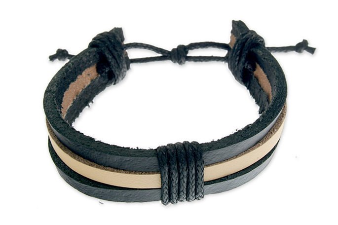 Czarno Beżowo Czarna Bransoletka Skórzana