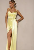 Sukienki - Żółta Sukienka Satynowa z Marszczeniem i Ozdobnym Trenem Katiriva - miniaturka - grafika 1