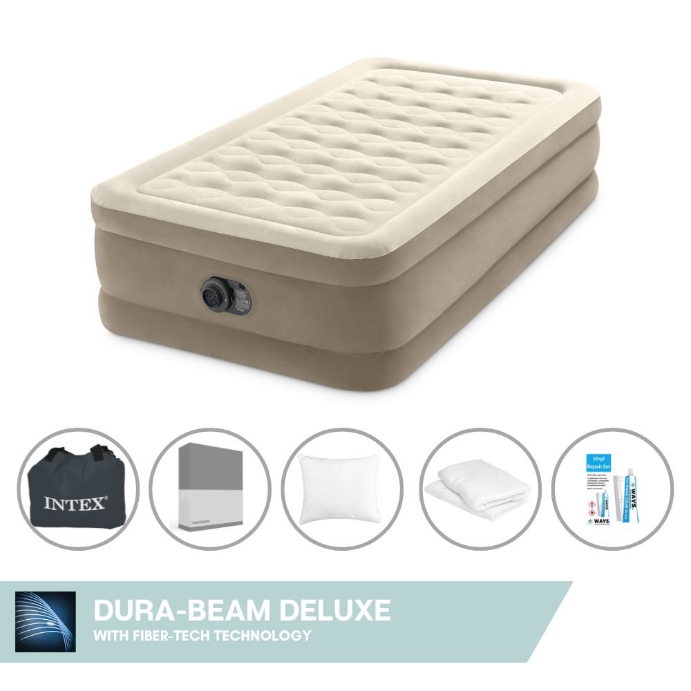 Łóżko dmuchane Intex - 1 osoba - 99 x 191 x 46 cm - Beżowe - Z wbudowaną pompką + prześcieradło antracytowe + poduszka + poszewki Molton 2 w 1 + zestaw naprawczy