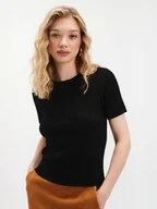 Swetry damskie - Czarny sweter z fakturą z krótkim rękawem - miniaturka - grafika 1