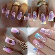 Ozdoby do paznokci - TEMU 96 sztuk (4 pakiety) Krótkie Naklejane Paznokcie Kolorowe Ombre, Kwadratowe Sztuczne Paznokcie w Stylu Cool Ins z Białym Francuskim i Złotym - miniaturka - grafika 1