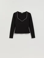 Bluzki damskie - Reserved - Bluzka z błyszczącą aplikacją - czarny - miniaturka - grafika 1