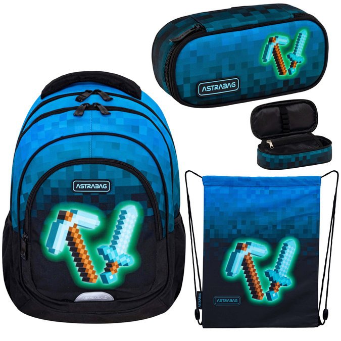 Zestaw wyprawka szkolna plecak piórnik worek Minecraft Blue Pixel ASTRA