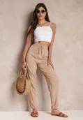 Spodnie damskie - Beżowe Wiskozowe Spodnie z Gumką w Talii i Zwężanymi Nogawkami Sumipaku - miniaturka - grafika 1
