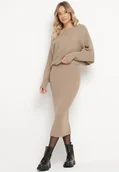 Komplety damskie - Beżowy Prążkowany Komplet z Wiskozą Góra o Kroju Nietoperza Spódnica z Gumką w Pasie Zortia - miniaturka - grafika 1