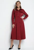 Sukienki - Bordowa Rozkloszowana Sukienka o Koszulowym Kroju z Imitacją Kieszeni i Gumką w Talii Rizza - miniaturka - grafika 1