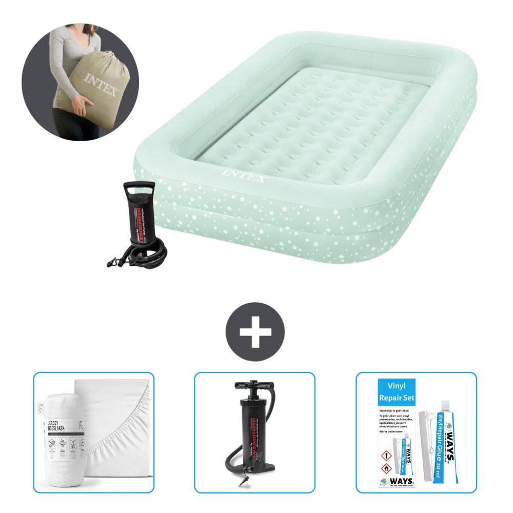 Materac dmuchany Intex Kidz - 1 osoba - 107 x 168 x 25 cm - Miętowa zieleń - W zestawie pompka - prześcieradło - pompka i zestaw naprawczy