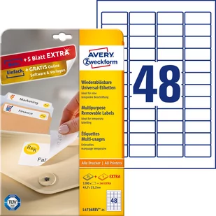 Avery Zweckform Etykiety uniwersalne Zweckform usuwalne 45,7 x 21,2 mm, 1440 etykiet 25 Arkuszy + 5 Arkuszy EXTRA ZW191 - Etykiety do drukarek - miniaturka - grafika 1