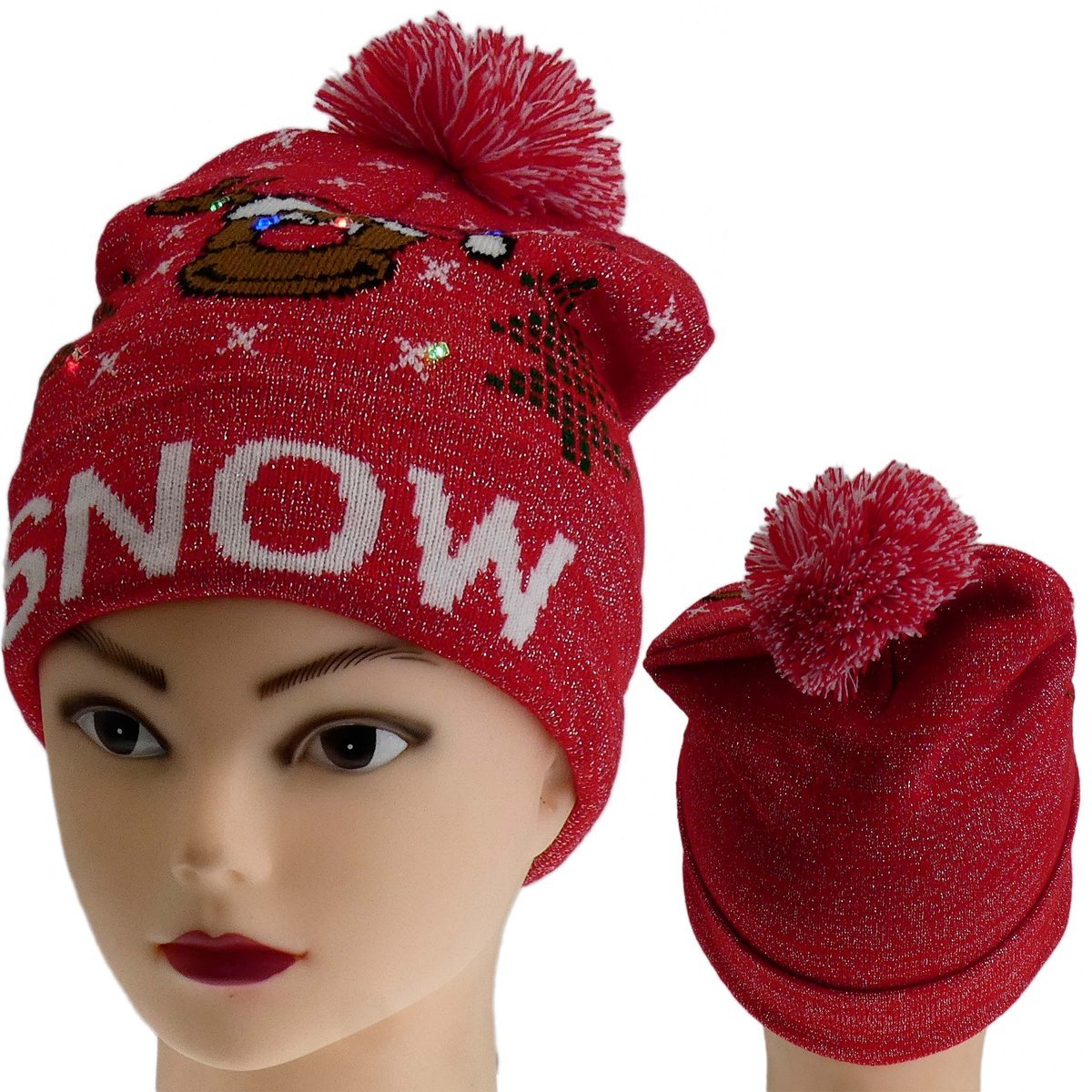 ZIMOWA CZAPKA Z POMPONEM DIODY LED ŚWIECĄCA SNOW CZERWONA