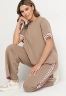 Komplety damskie - Beżowy Komplet z Wiskozą Szerokie Spodnie i Bluzka z Paskami Nilanaria - miniaturka - grafika 1