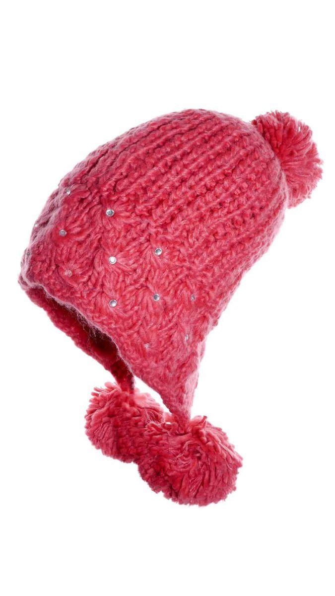 Dziewczęca czapka uszatka z dżetami i pomponem czerwona Ambra r.55/60