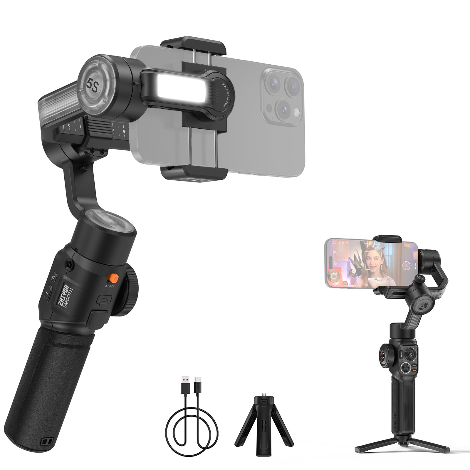 ZHIYUN SMOOTH 5S AI Ręczny 3-osiowy stabilizator gimbalowy do vlogów Wbudowane światło wypełniające LED z mini statywem Maks. udźwig 300 g Zamiennik do smartfonów iPhone 15/14/13/12 z systemem Android