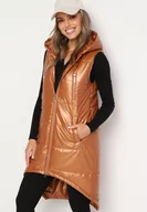 Kamizelki damskie - Brązowa Długa Kamizelka z Kapturem Ozdobiona Imitacją Kieszeni Mavaria - miniaturka - grafika 1