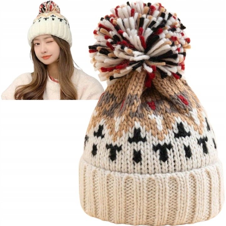 Czapka Zimowa Damska Z Pomponem Beanie Ocieplana Na Zimę Beżowa