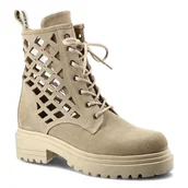 Botki damskie - Beżowe Botki Carinii Damskie Modne Buty Wiązane - miniaturka - grafika 1