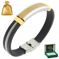 Bransolety męskie - Bransoletka Męska Skórzana Złota / Czarna / Srebrna Regulowana + Dedykacja - miniaturka - grafika 1