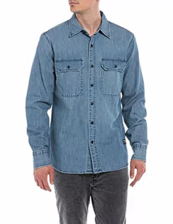 Koszule męskie - Replay Męska koszula dżinsowa z długim rękawem z bawełny, Medium Blue 009, XL - grafika 1
