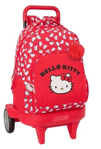 Safta HELLO KITTY ICONIC - Duży plecak na kółkach, Compact Evolution, zdejmowany, idealny dla dzieci w różnym wieku, wygodny i wszechstronny, jakość i wytrzymałość, 33 x 22 x 45 cm, Czerwony/biały, M,