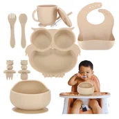 Zestawy naczyń dla dzieci - Pierwsze Naczynia Silikonowe Do Karmienia Dzieci Zestaw Sowa Beżowa 8 Sztuk - miniaturka - grafika 1