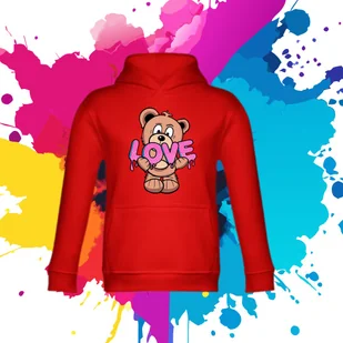 Bluza dziecięca typu kangurka z kapturem w kolorzeczerwonym z nadrukiem miś Love 4 lata - Bluzy dla dziewczynek - miniaturka - grafika 1