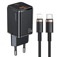 Ładowarki do telefonów - USAMS Ładowarka sieciowa 1xUSB-C+1xUSB T43 33W PD3.0 +QC3.0  + kabel U63 USB-C na lightning czarny/black USKTZ01 - miniaturka - grafika 1