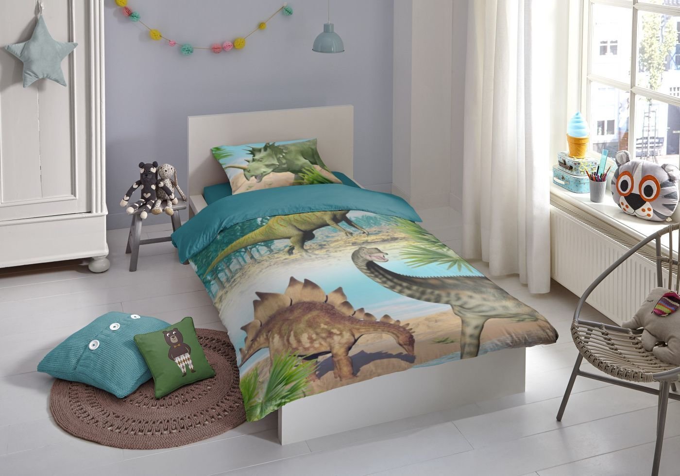 Zielono-niebieska bawełniana pościel dziecięca jednoosobowa 140x200 cm Dino – Good Morning