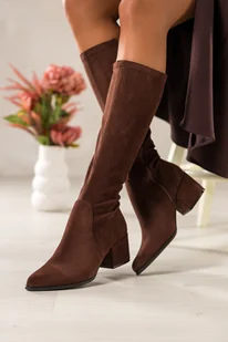 Czekoladowe kozaki damskie Sergio Leone na niskim obcasie z elastyczną cholewką PA787 - Kozaki damskie - miniaturka - grafika 1