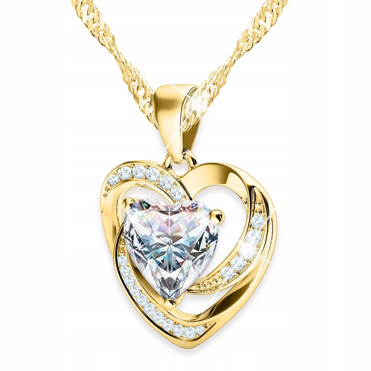 Złoty Naszyjnik z Białym Kryształowym Sercem Dwa Serduszka Heart SREBRO 925