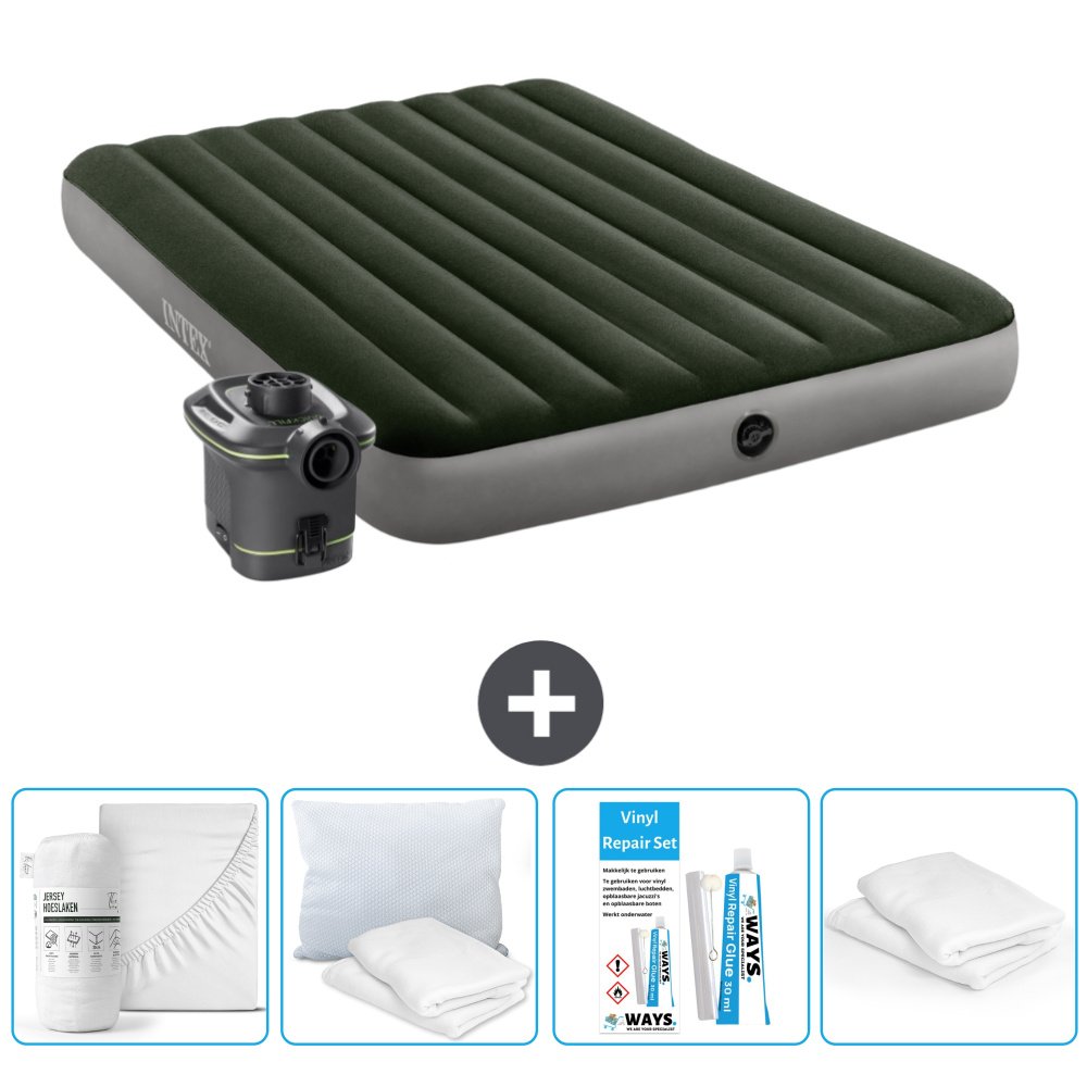 Łóżko powietrzne Intex - 2 osoby - 152 x 203 x 25 cm - Zielony - Z pompką - Prześcieradło - Zestaw naprawczy en Ochraniacz na poduszkę