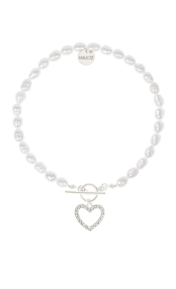 Bransoletka z pereł ze srebrnym sercem i kryształkami 17 cm