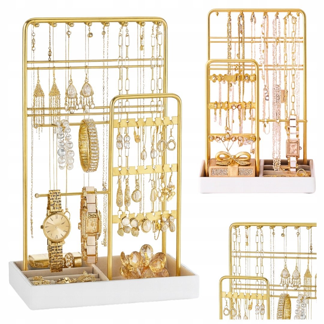 ZŁOTY STOJAK NA BIŻUTERIĘ Z AKSAMITNĄ TACĄ METALOWĄ RAMĄ ORGANIZER UCHWYT