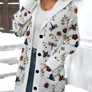 TEMU Drukowany Wzór – Nie Szyte Haftowane Damskie Białe Kardiganowe Bluzy z Kapturem i Oversize Rękawami, z Wyszukanym Nadrukiem Owadów i Kwiatów, - Swetry damskie - miniaturka - grafika 1