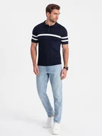 Swetry męskie - Koszulka męska polo z miękkiej dzianiny z kontrastowymi pasami - granatowa V2 OM-POSS-0118 - Ombre Clothing - miniaturka - grafika 1
