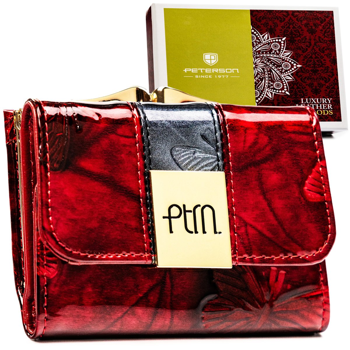 Portfel damski z ozdobnym zapięciem PETERSON skórzany mały lakierowany zatrzask i bigiel elegancki czerwony