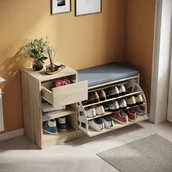 Szafki na buty - SONNI szafka na buty w kolorze dębu 94,5x30x57cm Ławka na buty z szufladą, z poduszką na siedzisko i klapką - miniaturka - grafika 1